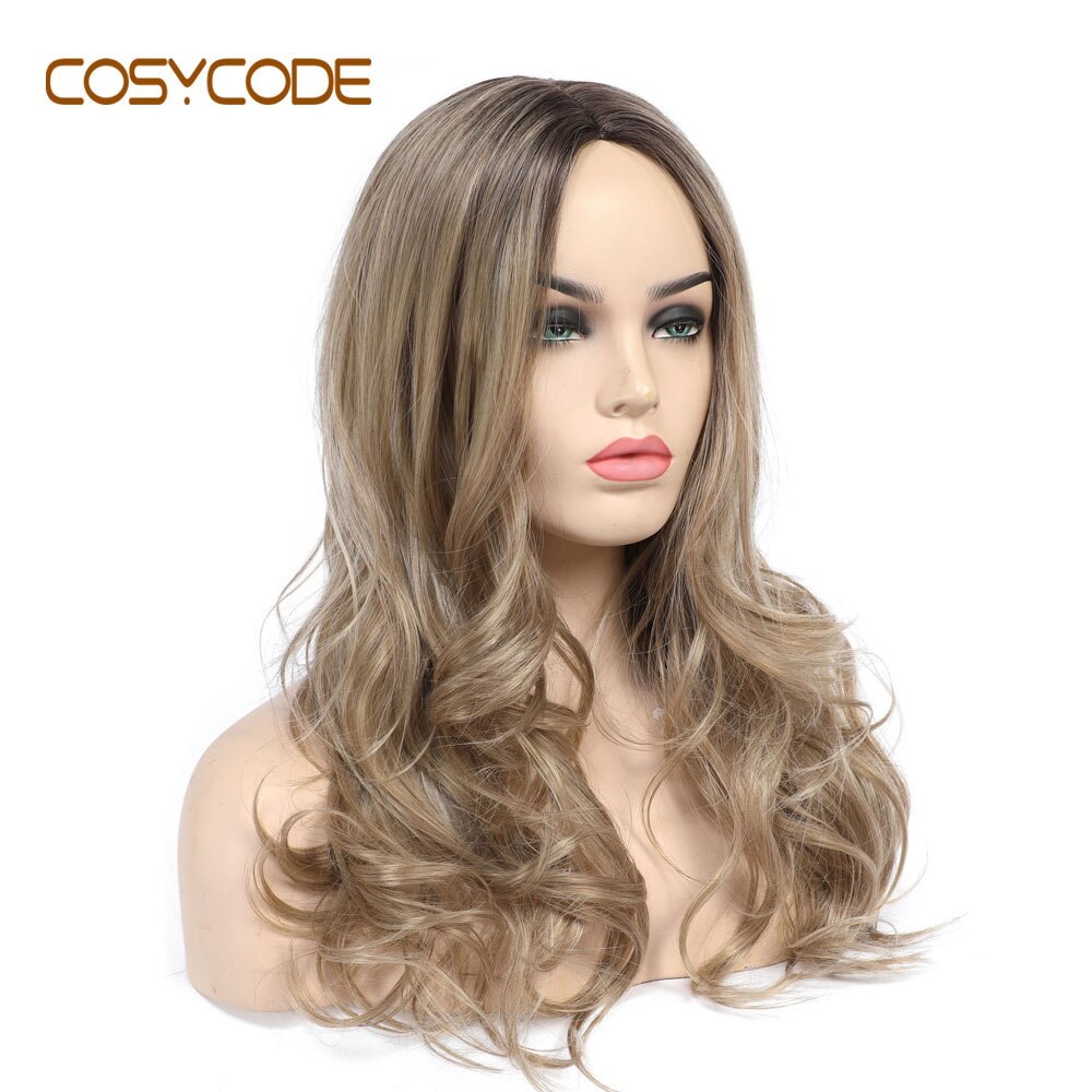 COSYCODE Long Wavy Synthetic Wig for Womem Honey Blonde 24 inch 60 cm Cosplay Middle Part Non-Lace Costume Wigs Heat Resistant