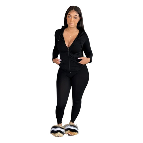 Women 2 Piece Set Solid Stretch Pocket Hooded Top Sport Leggings Tracksuit Jogger Matching Set Mujor Wholesale Dropshipping New