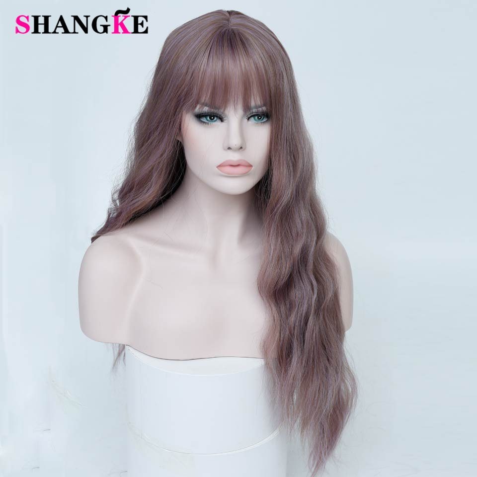 SHANGKE Long Mix Purple Womens Wigs With Bangs Heat Resistant Synthetic Kinky Curly Pink Green Wigs for Women African American