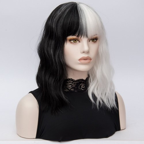 Similler Short Wigs for Halloween Cosplay Women Kinky Straight Synthetic Hair Wig Black White 2 Tones Patchwork
