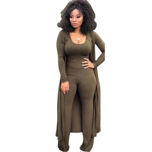 Women 3 Piece Set Long Sleeve Coat Top Flared Pants Knitted Stretch Outfit Streetwear Matching Set Mejor Wholesale Dropshpping