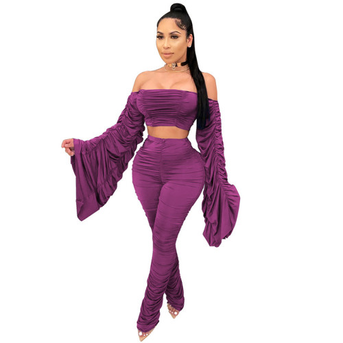 Two Piece Set Women Draped Flared Long Sleeve Off Shoulder Top Stacked Leggings Street Wear Macthing Set Wholesale Dropshpping