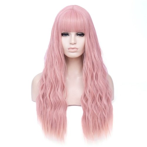 MSIWIGS Women Long Wavy Blonde Synthetic Wig with Bangs Grey Pink Hair Cosplay Girl Wig Heat Resistant