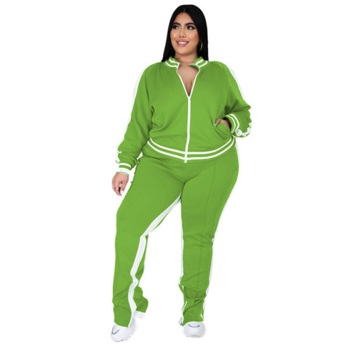 Plus Size L-5XL Two Piece Set Women Zipper Striped Top Slit Pants Casual Jogger Outfit Matching Set Mujor Wholesale Dropshipping
