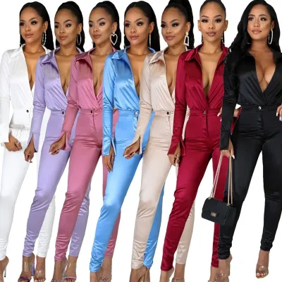 Women 2 Piece Set Solid Elegant Long Sleeve Short Bodysuit V Neck Shirt Skinny Pants Office Lady Outfit Wholesale Dropshpping
