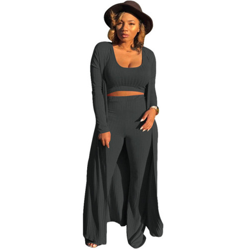 Women 3 Piece Set Long Sleeve Coat Top Flared Pants Knitted Stretch Outfit Streetwear Matching Set Mejor Wholesale Dropshpping
