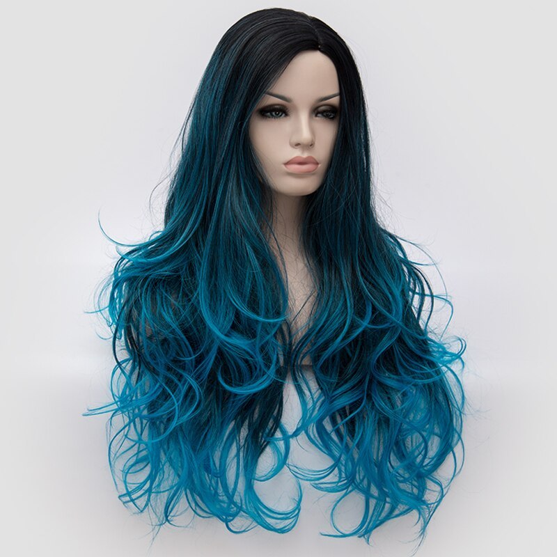 Similler Long Heat Resistant Fiber Hair Dark Root Ombre Blue Highlight Body Wave Synthetic Wig For Women Cosplay