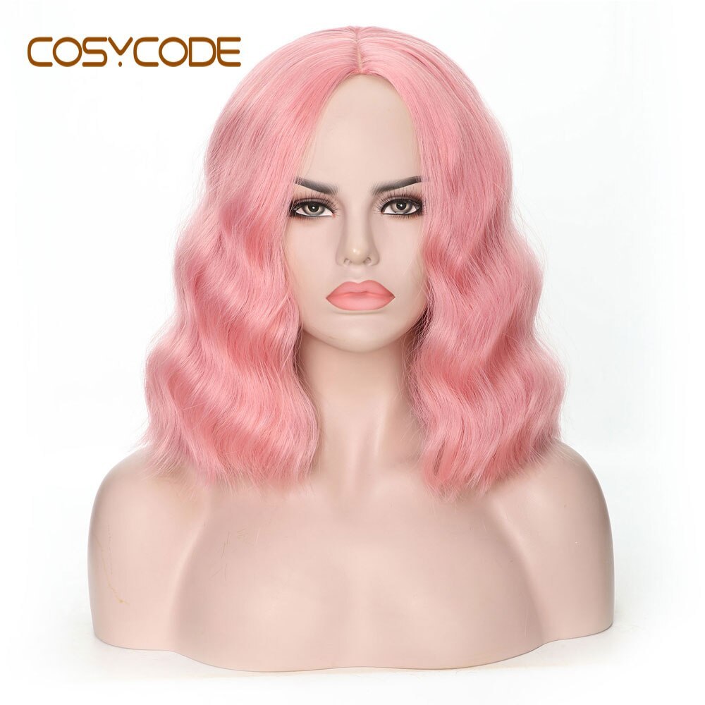 COSYCODE Pink Wig with Bangs Short Wavy Bob Wig 12 inch Natural Wave Curly Non-Lace Synthetic Wig for Women Costume Cosplay