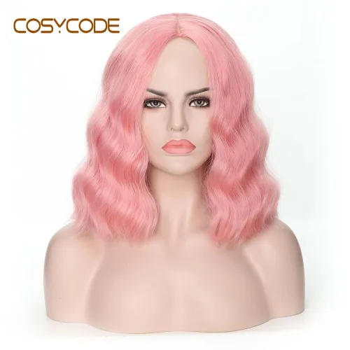 COSYCODE Pink Wig with Bangs Short Wavy Bob Wig 12 inch Natural Wave Curly Non-Lace Synthetic Wig for Women Costume Cosplay