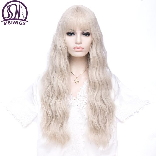 MSIWIGS Women Long Wavy Blonde Synthetic Wig with Bangs Grey Pink Hair Cosplay Girl Wig Heat Resistant