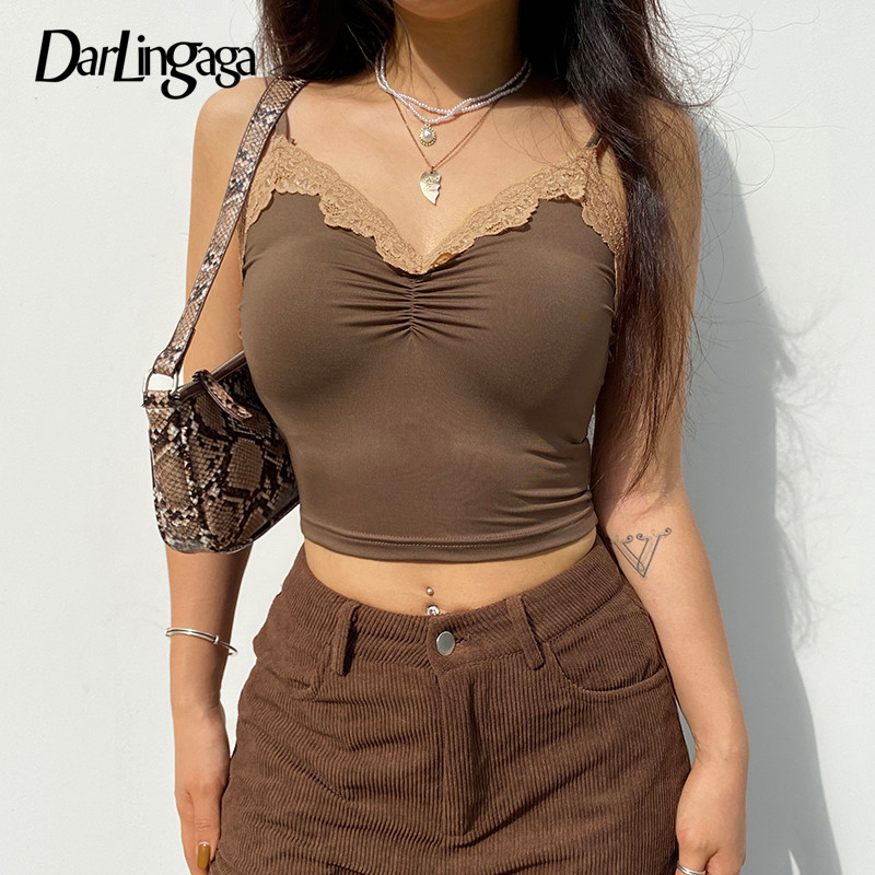 Darlingaga Strap V Neck Lace Trim Y2K Top Cami Sexy Slim Fashion Vintage Ruched Crop Top Women Sleeveless Short Summer Tops Hot