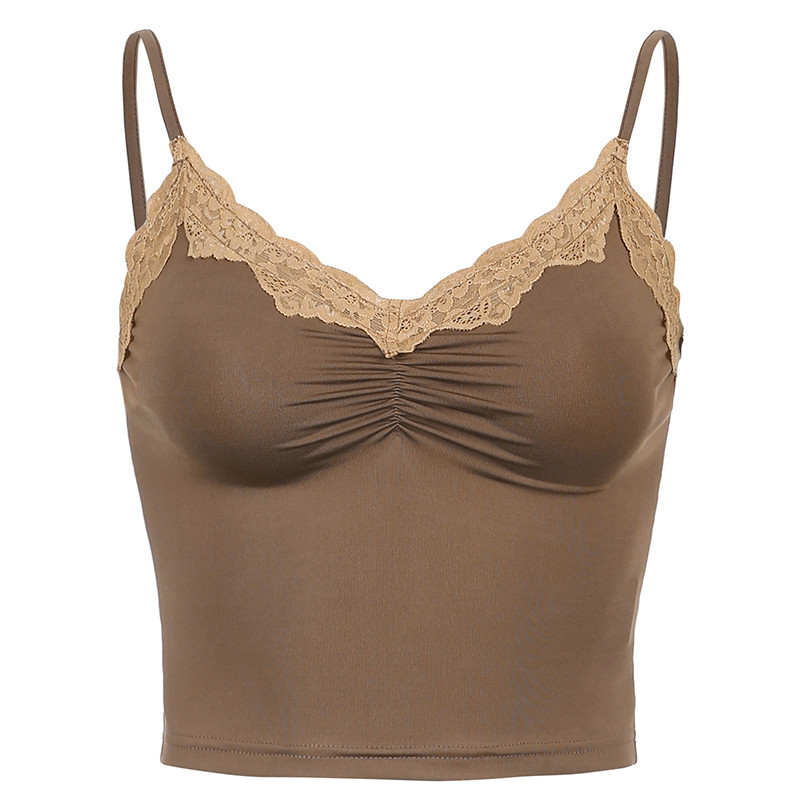 Darlingaga Strap V Neck Lace Trim Y2K Top Cami Sexy Slim Fashion Vintage Ruched Crop Top Women Sleeveless Short Summer Tops Hot