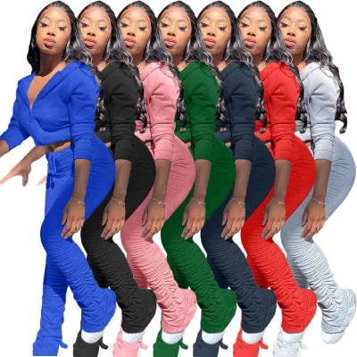 HR8137 2020 winter Tracksuit Outfits Women Two Pieces Crop Top Two Piece Pants Set joggers women 2 piece stacked legging set