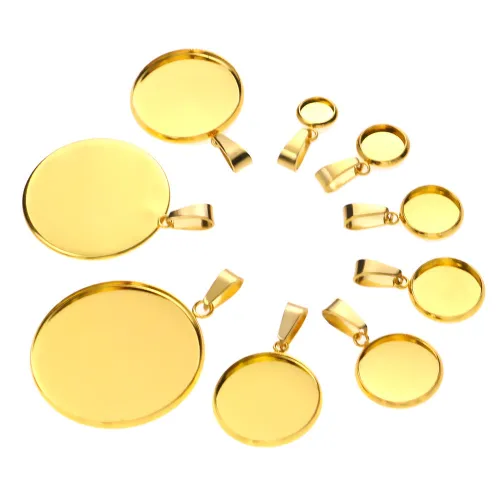10pcs Gold Stainless Steel Bases 6/8/10/12/14/16/18/20/25/30mm Cabochon Cameo Base Tray Bezel Blank Necklace Pendant DIY Jewelry