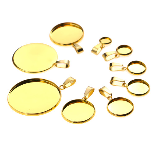 10pcs Gold Stainless Steel Bases 6/8/10/12/14/16/18/20/25/30mm Cabochon Cameo Base Tray Bezel Blank Necklace Pendant DIY Jewelry