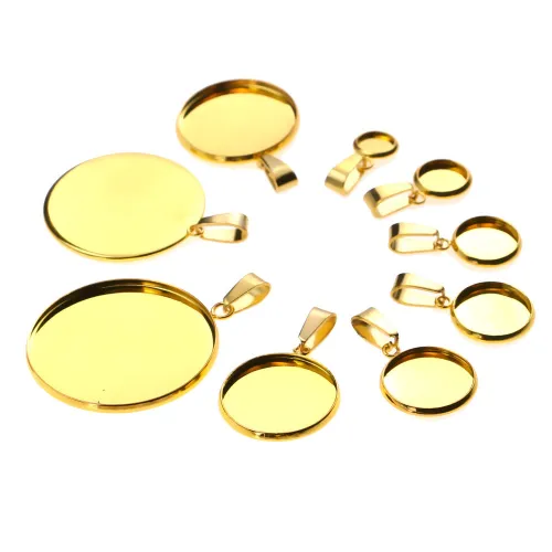 10pcs Gold Stainless Steel Bases 6/8/10/12/14/16/18/20/25/30mm Cabochon Cameo Base Tray Bezel Blank Necklace Pendant DIY Jewelry