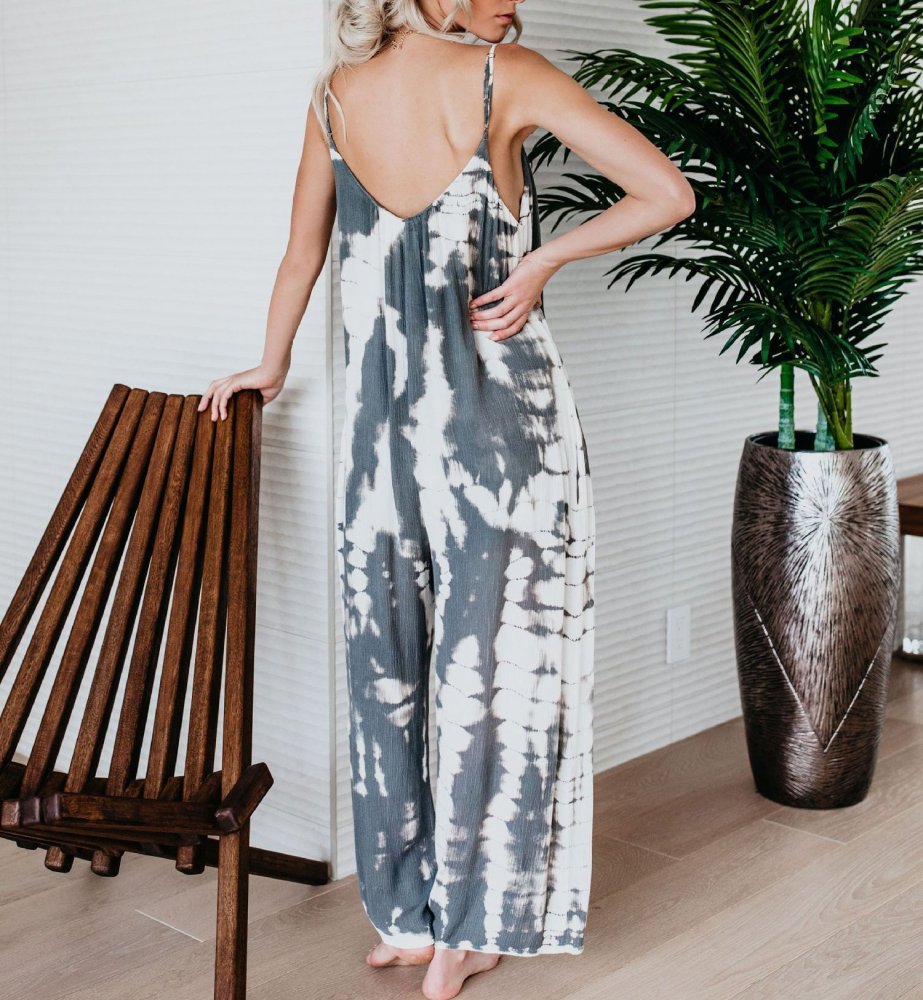 Fashion Loose Suspenders Gradually Dyed Printed Jumpsuit