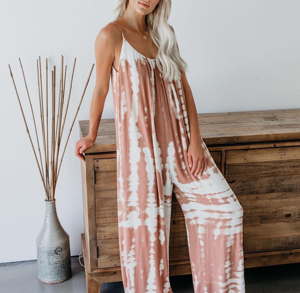 Fashion Loose Suspenders Gradually Dyed Printed Jumpsuit