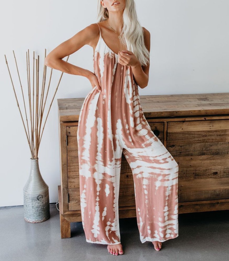 Fashion Loose Suspenders Gradually Dyed Printed Jumpsuit