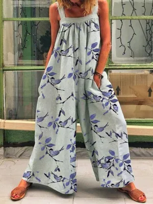 Blue Floral Cotton-Blend Casual One-Pieces