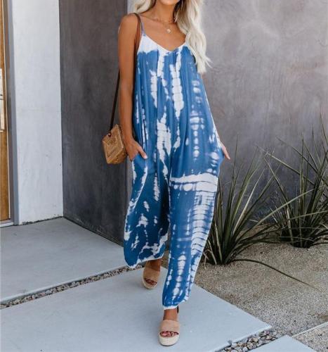 Fashion Loose Suspenders Gradually Dyed Printed Jumpsuit