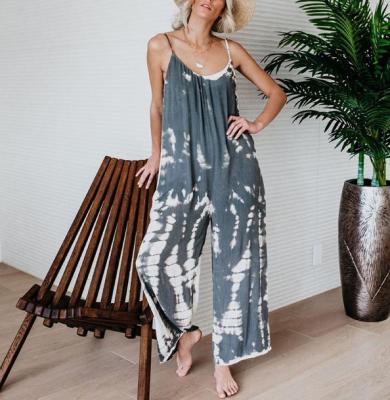 Fashion Loose Suspenders Gradually Dyed Printed Jumpsuit