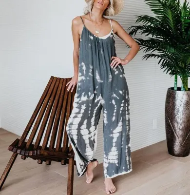 Fashion Loose Suspenders Gradually Dyed Printed Jumpsuit