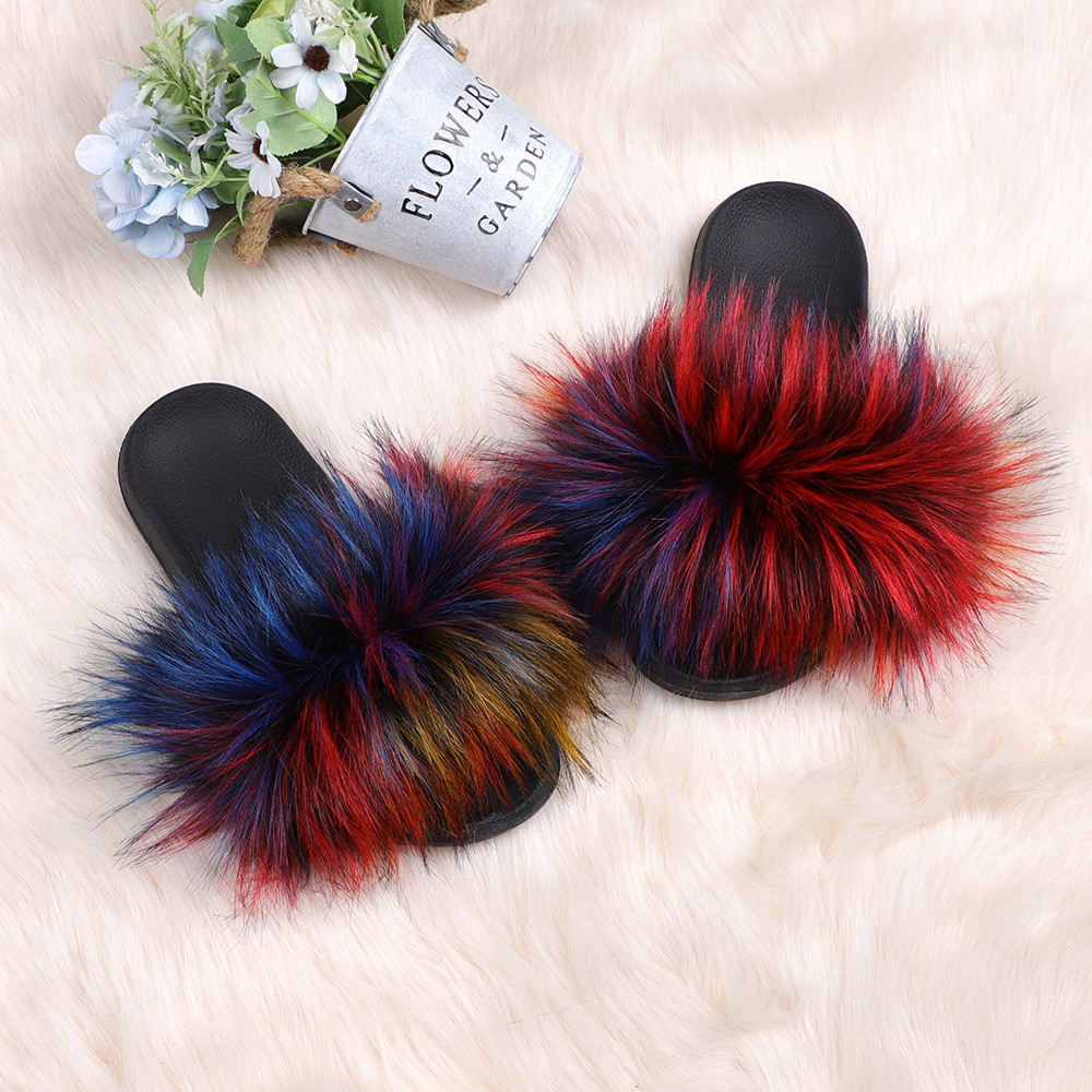 亚马逊欧美新款彩色浣熊仿真貉子毛绒拖鞋亲子款外穿沙滩平底拖鞋