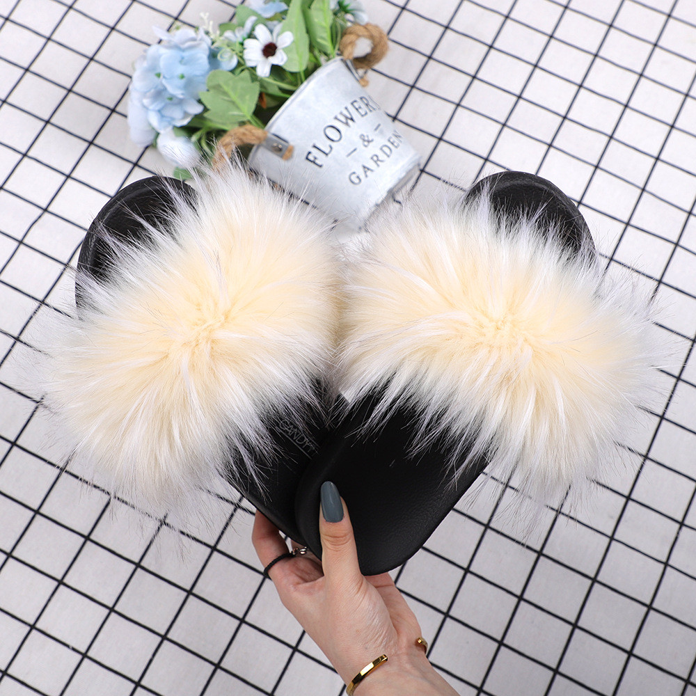 亚马逊欧美新款彩色浣熊仿真貉子毛绒拖鞋亲子款外穿沙滩平底拖鞋