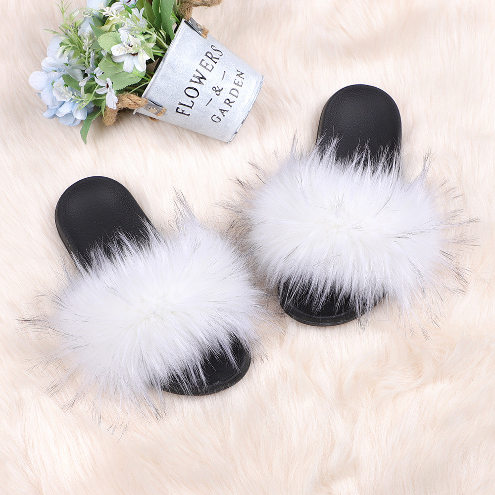 亚马逊欧美新款彩色浣熊仿真貉子毛绒拖鞋亲子款外穿沙滩平底拖鞋