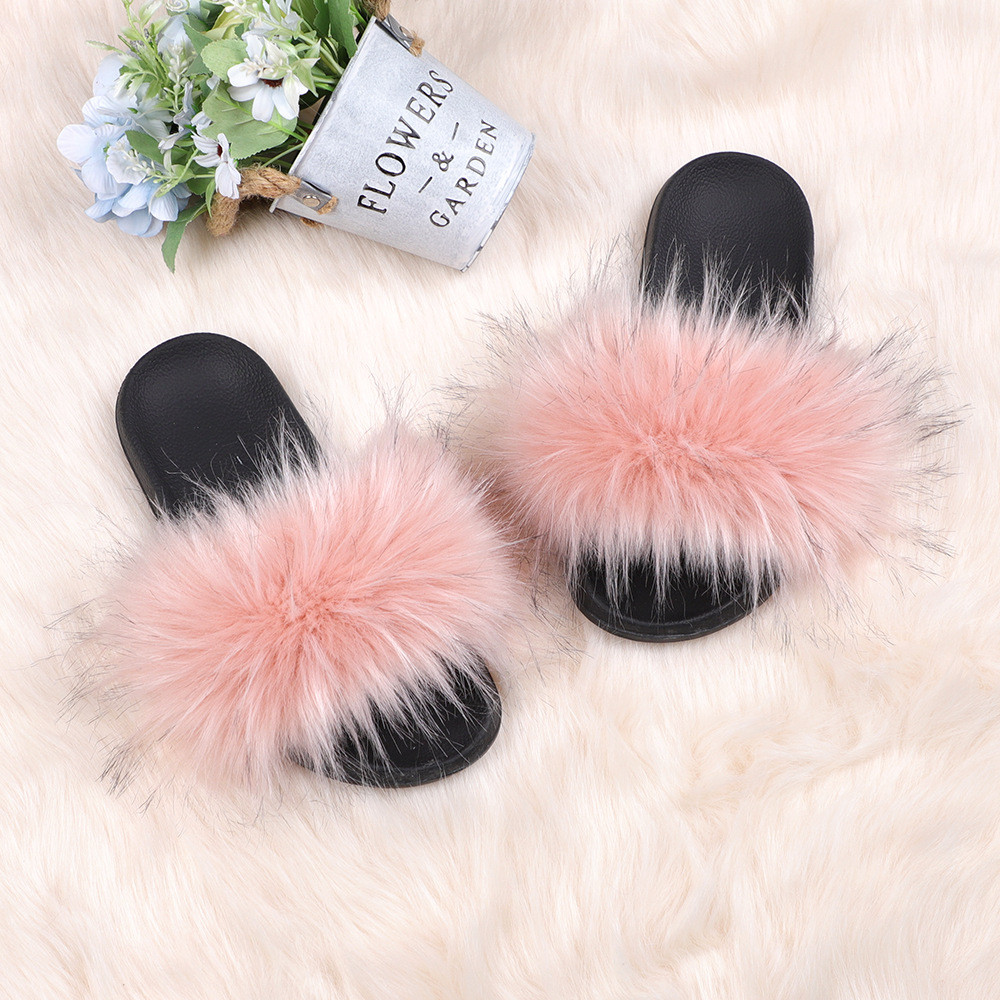 亚马逊欧美新款彩色浣熊仿真貉子毛绒拖鞋亲子款外穿沙滩平底拖鞋