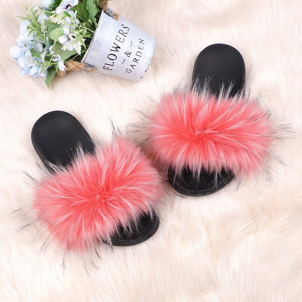 亚马逊欧美新款彩色浣熊仿真貉子毛绒拖鞋亲子款外穿沙滩平底拖鞋