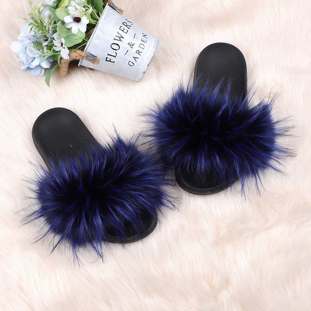 亚马逊欧美新款彩色浣熊仿真貉子毛绒拖鞋亲子款外穿沙滩平底拖鞋