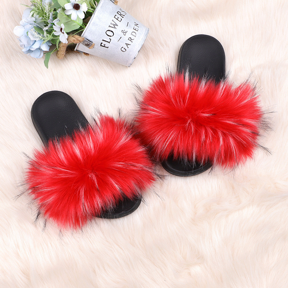 亚马逊欧美新款彩色浣熊仿真貉子毛绒拖鞋亲子款外穿沙滩平底拖鞋