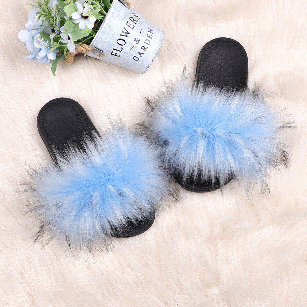 亚马逊欧美新款彩色浣熊仿真貉子毛绒拖鞋亲子款外穿沙滩平底拖鞋