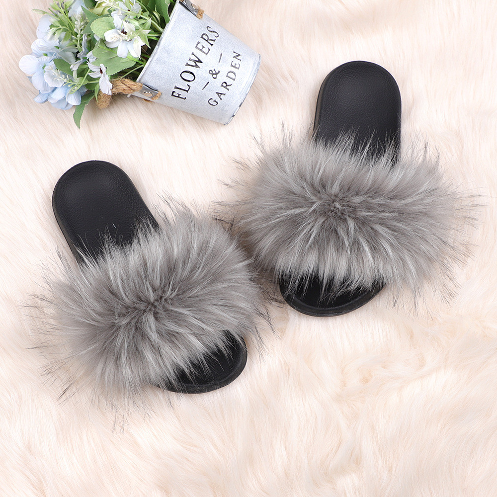 亚马逊欧美新款彩色浣熊仿真貉子毛绒拖鞋亲子款外穿沙滩平底拖鞋