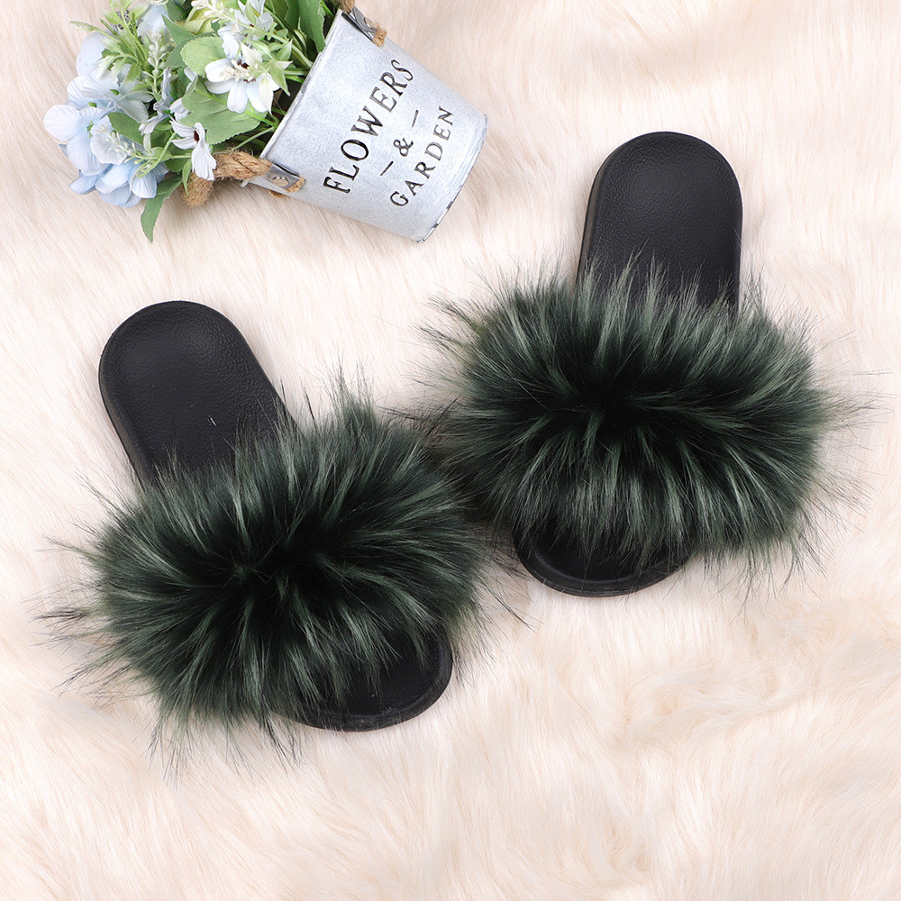 亚马逊欧美新款彩色浣熊仿真貉子毛绒拖鞋亲子款外穿沙滩平底拖鞋