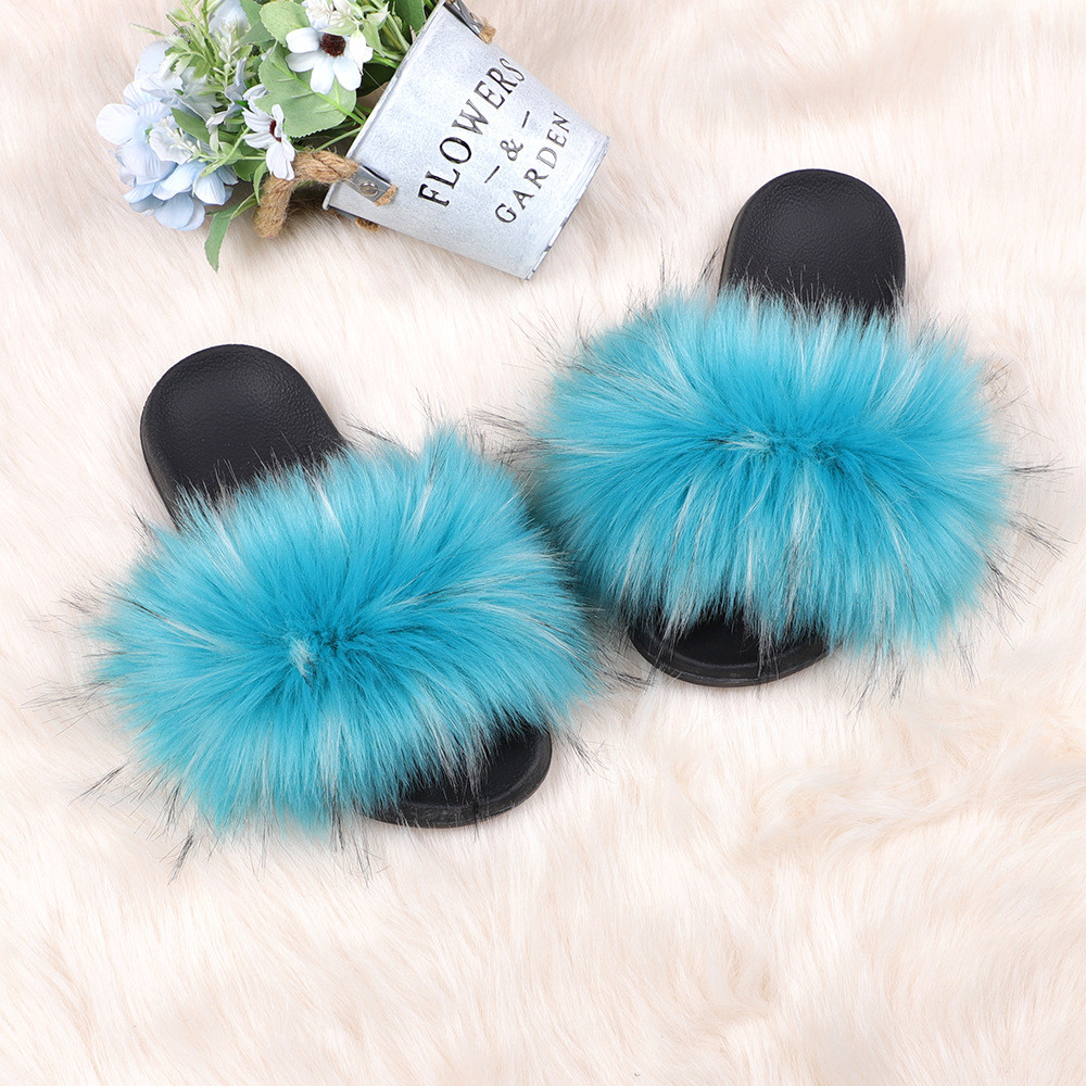亚马逊欧美新款彩色浣熊仿真貉子毛绒拖鞋亲子款外穿沙滩平底拖鞋