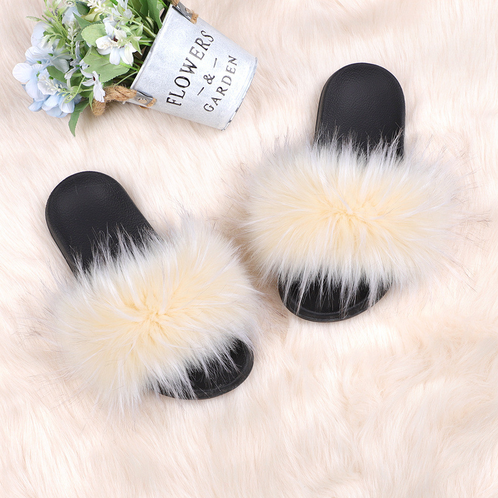亚马逊欧美新款彩色浣熊仿真貉子毛绒拖鞋亲子款外穿沙滩平底拖鞋