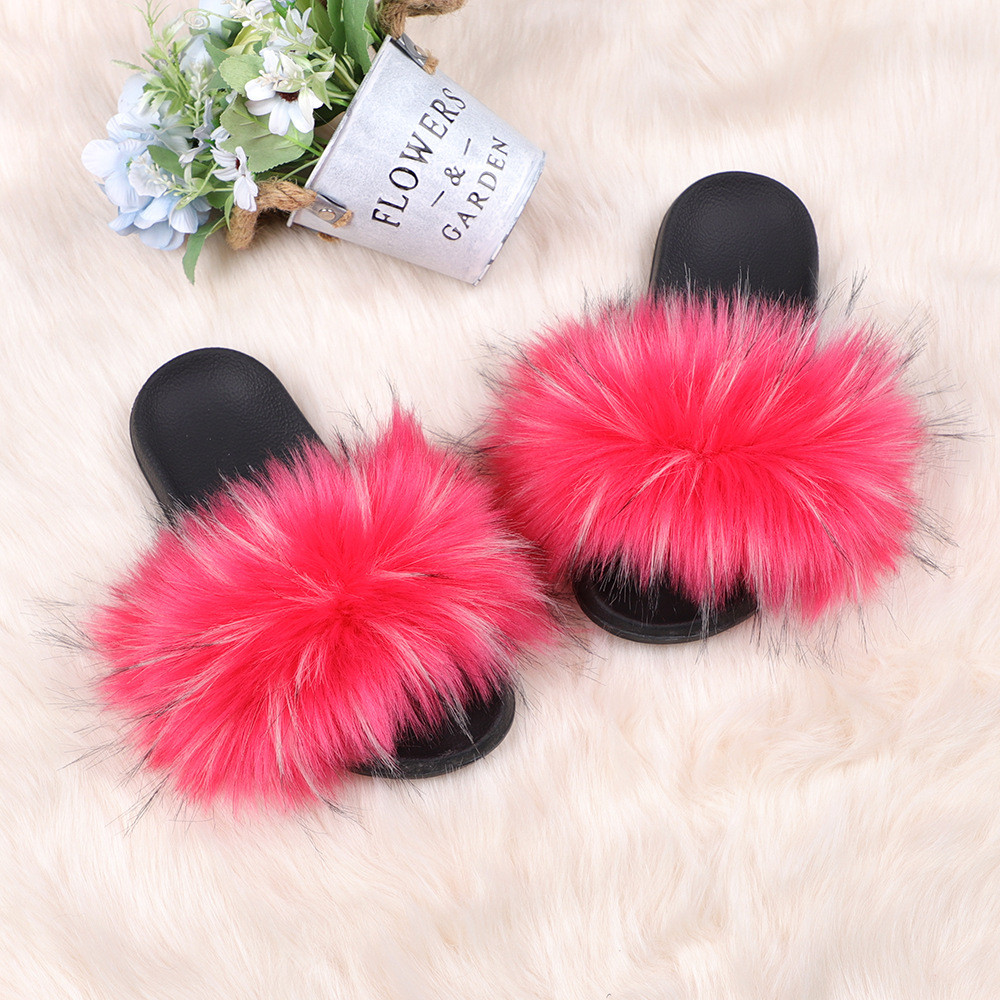 亚马逊欧美新款彩色浣熊仿真貉子毛绒拖鞋亲子款外穿沙滩平底拖鞋