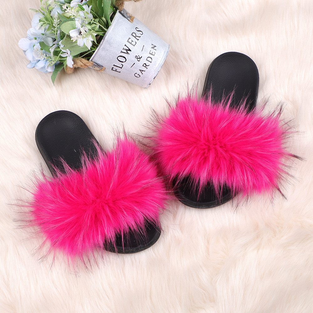 亚马逊欧美新款彩色浣熊仿真貉子毛绒拖鞋亲子款外穿沙滩平底拖鞋