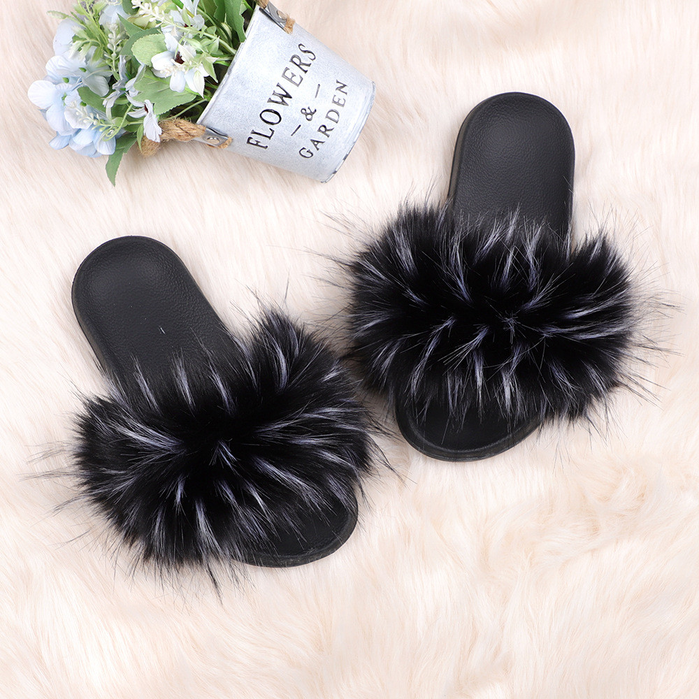 亚马逊欧美新款彩色浣熊仿真貉子毛绒拖鞋亲子款外穿沙滩平底拖鞋