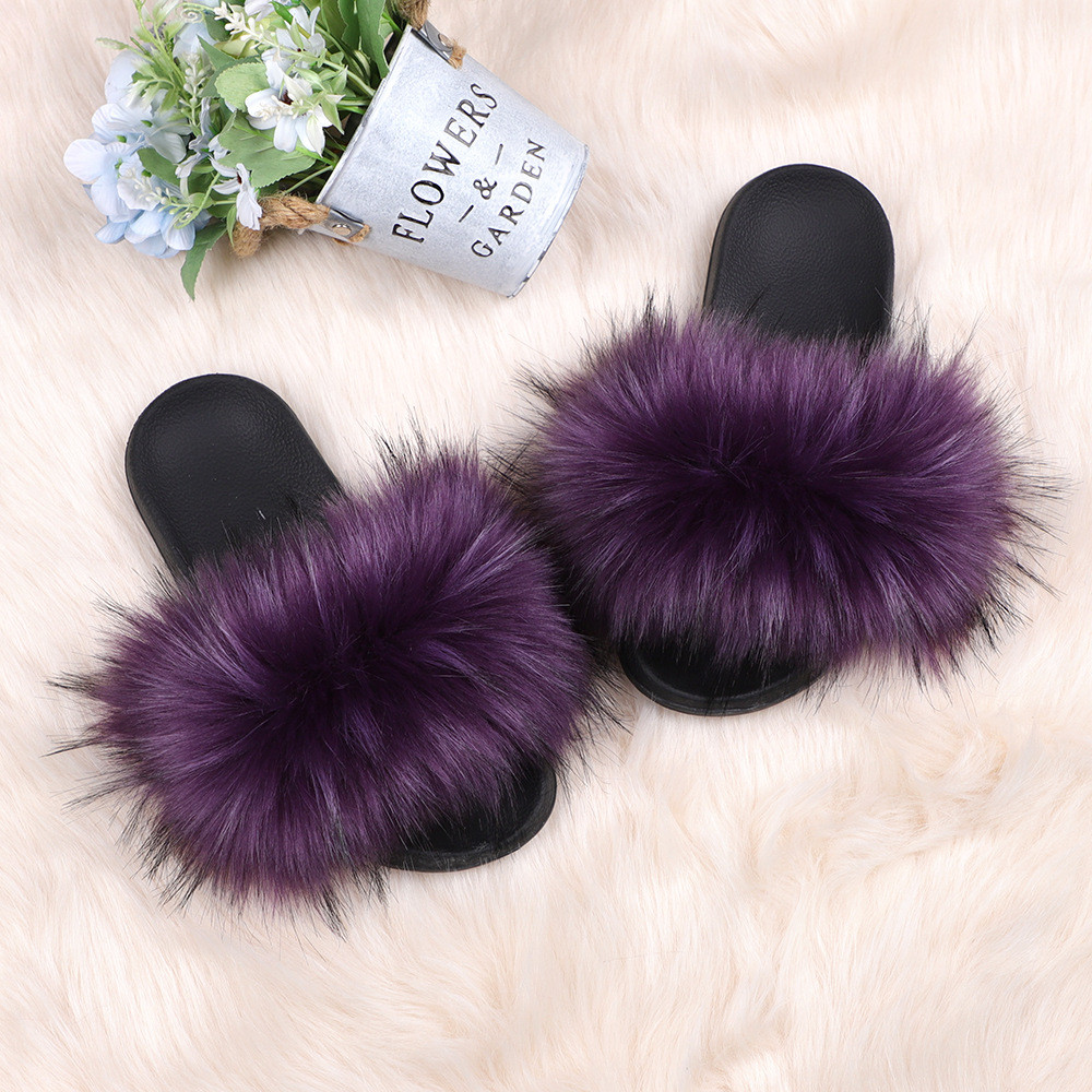 亚马逊欧美新款彩色浣熊仿真貉子毛绒拖鞋亲子款外穿沙滩平底拖鞋