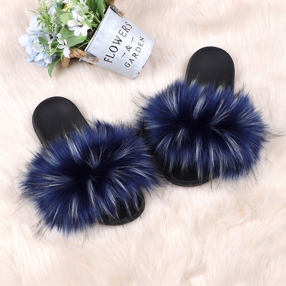 亚马逊欧美新款彩色浣熊仿真貉子毛绒拖鞋亲子款外穿沙滩平底拖鞋