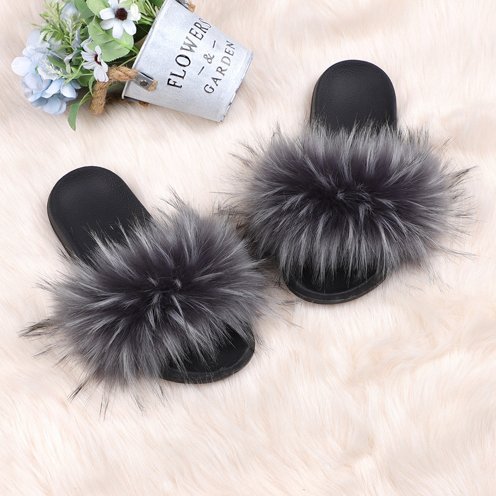 亚马逊欧美新款彩色浣熊仿真貉子毛绒拖鞋亲子款外穿沙滩平底拖鞋