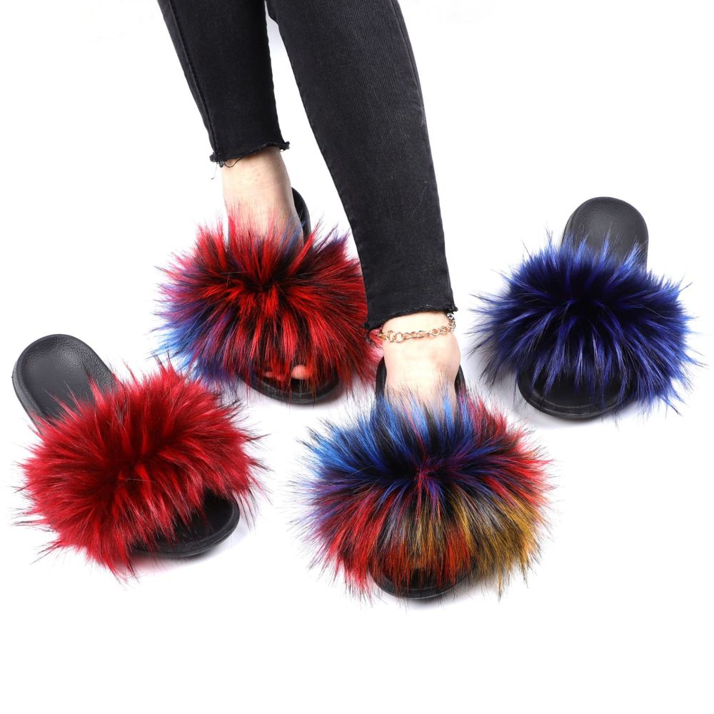 亚马逊欧美新款彩色浣熊仿真貉子毛绒拖鞋亲子款外穿沙滩平底拖鞋