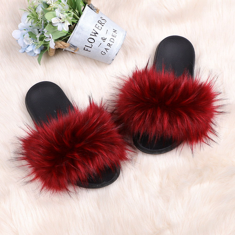 亚马逊欧美新款彩色浣熊仿真貉子毛绒拖鞋亲子款外穿沙滩平底拖鞋