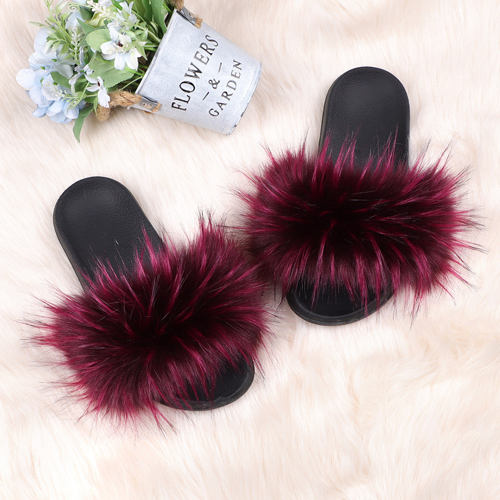 亚马逊欧美新款彩色浣熊仿真貉子毛绒拖鞋亲子款外穿沙滩平底拖鞋