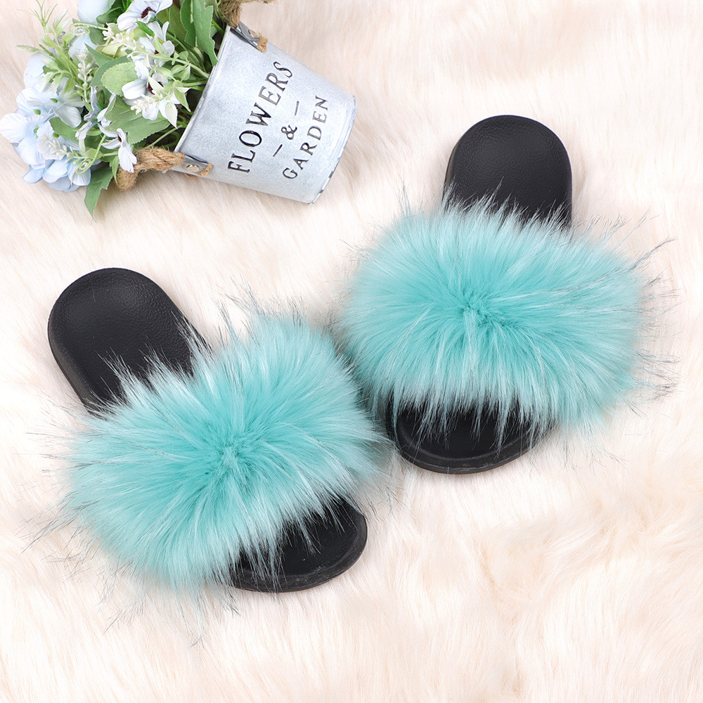 亚马逊欧美新款彩色浣熊仿真貉子毛绒拖鞋亲子款外穿沙滩平底拖鞋