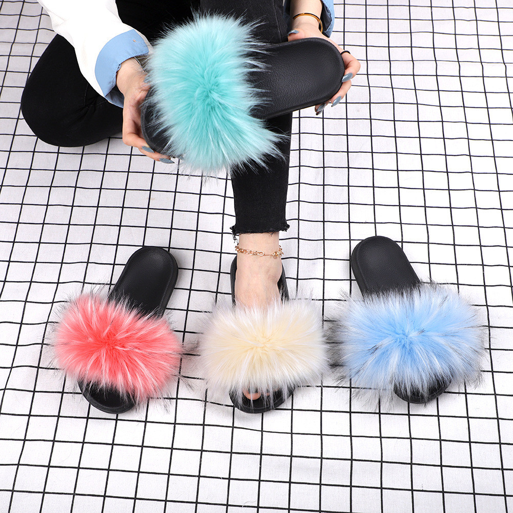 亚马逊欧美新款彩色浣熊仿真貉子毛绒拖鞋亲子款外穿沙滩平底拖鞋
